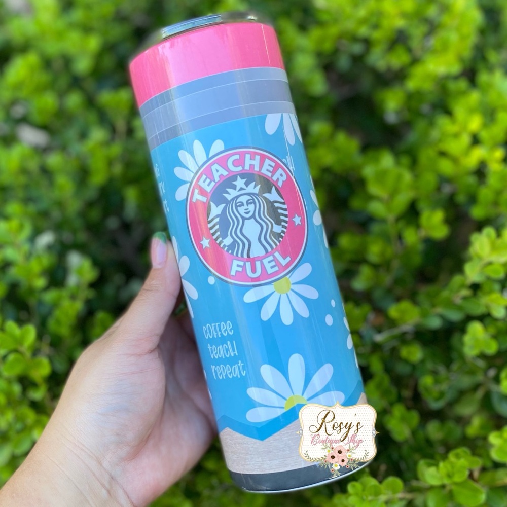 Teacher Fuel Pencil Daisies Flowers 20oz Tumbler